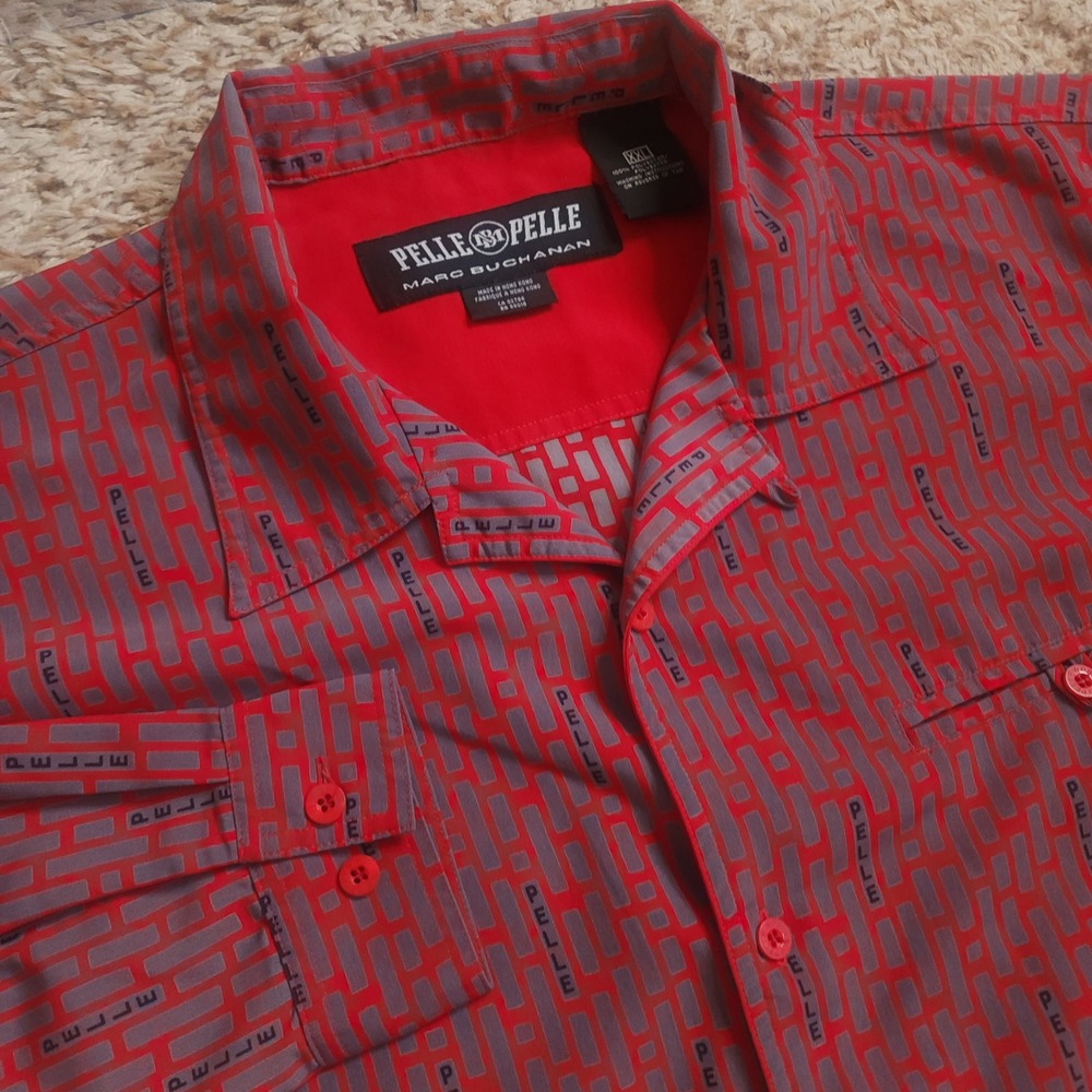 Pelle Pelle Button Up Shirt Mens XXL Red Grey Logo Print Marc Buchanan Shirt